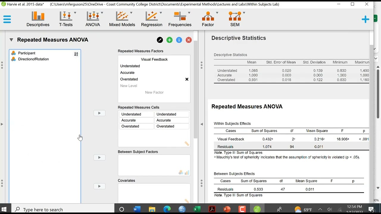 JASP repeated measures ANOVA and post hoc tests