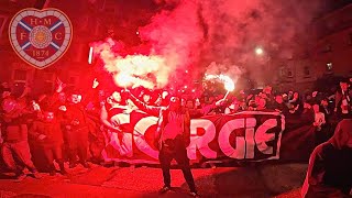 GORGIE ULTRAS MARCH TO TYNECASTLE ✊ HEARTS FC v RFS Riga Latvia European nights
