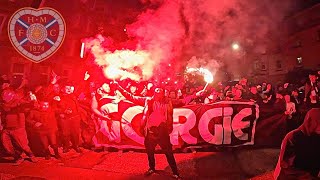 GORGIE ULTRAS MARCH TO TYNECASTLE ✊  HEARTS FC v RFS Riga Latvia European nights