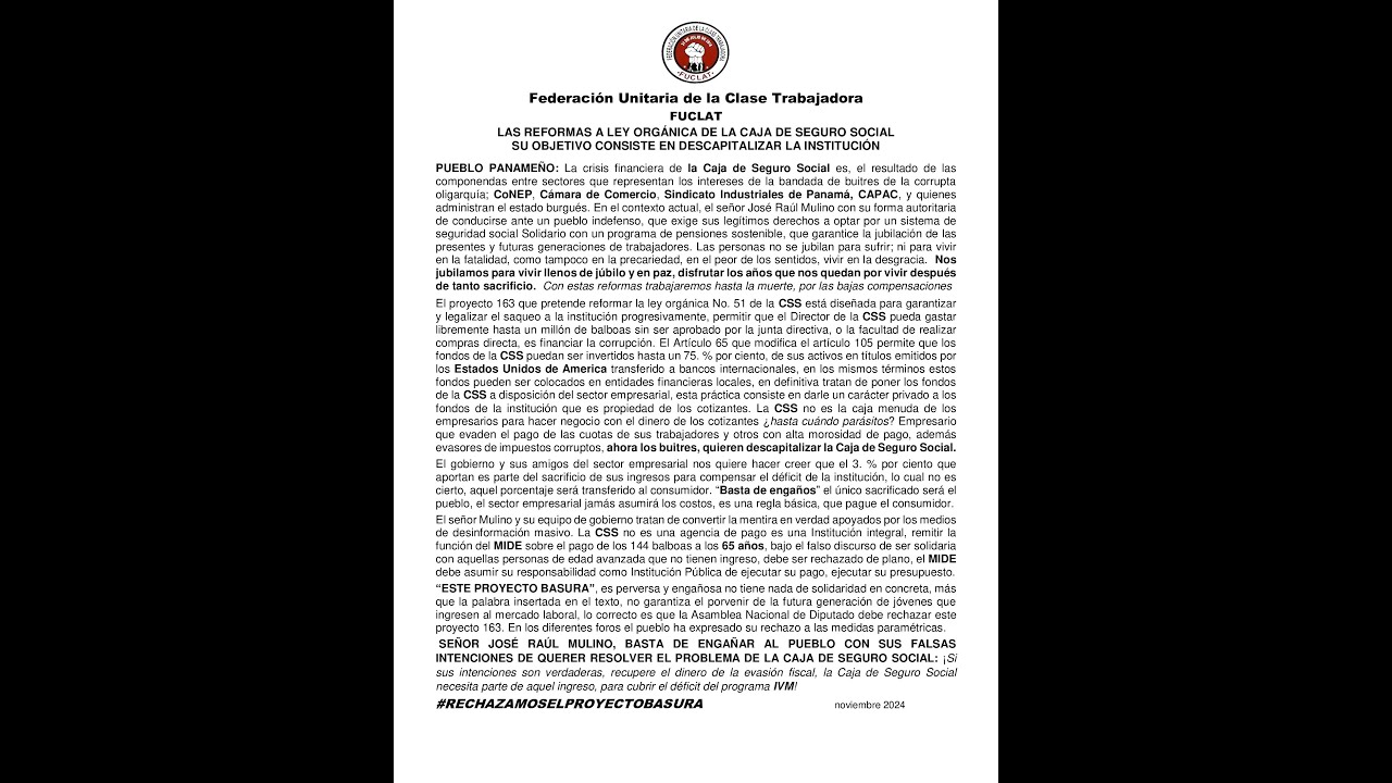 COMUNICADO_RECHAZAMOS EL PROYECTO BASURA #css #panama #comparte #noticia #panameños #tv #comunicado