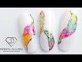 Ombre feather nail art with gel polish and gold transfer foil using D'Liner fine line nail art brush