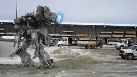 Mech destroys lumberyard