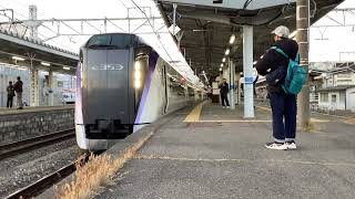 【4K高画質】E353系ﾓﾄS202編成（セカンドナンバー）＋ﾓﾄS113編成が特急あずさ46号新宿行きとして松本駅3番線を発車するシーン！（2025.11.16 16:29）