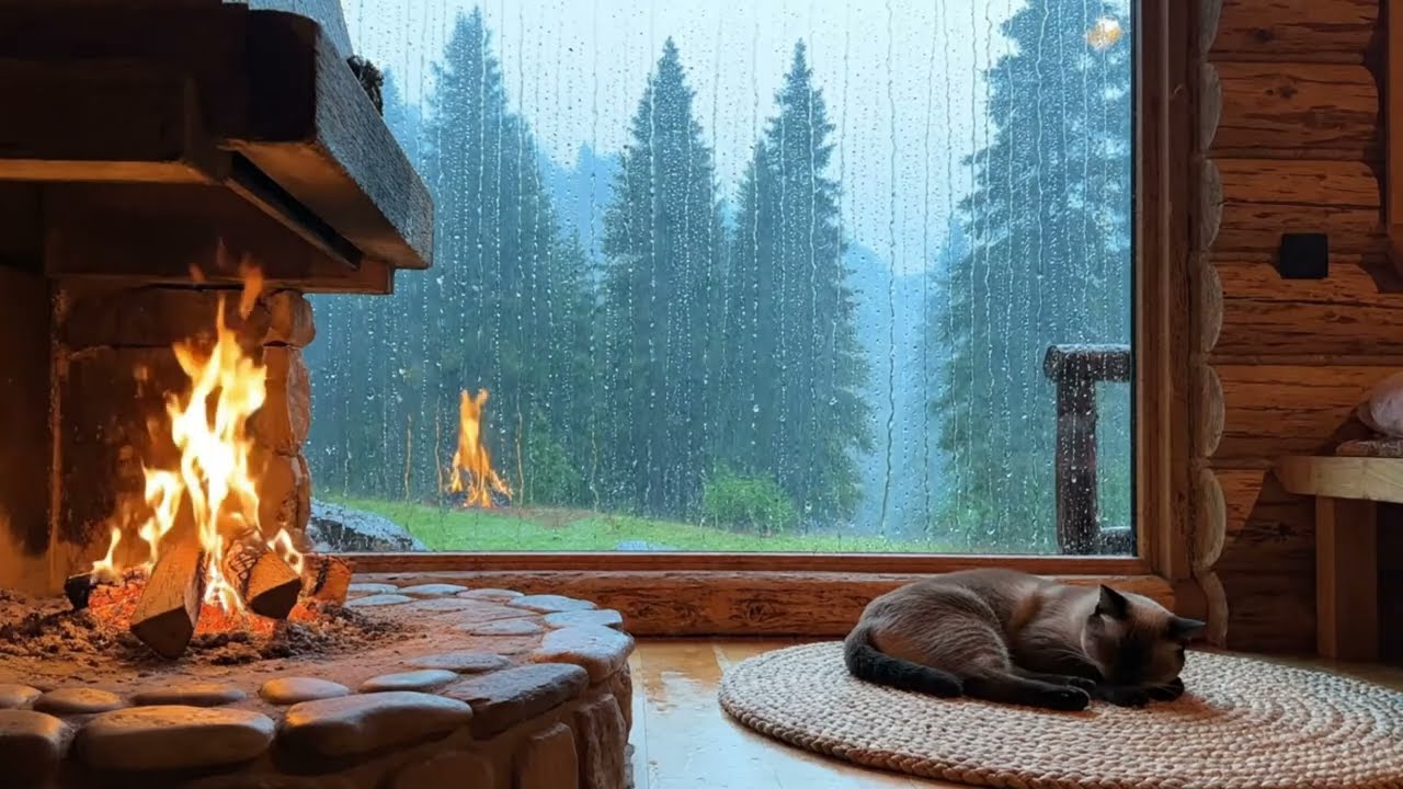 🌧️ Deep Sleep & Relaxation | Rainy Cabin Fireplace with Peaceful Sleeping Cat.