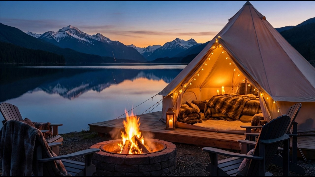 Lakeside Glamping at Sunset 🔥🏕️ Cozy Campfire & Night Ambience | 4K Relaxing Nature (2 Hours)