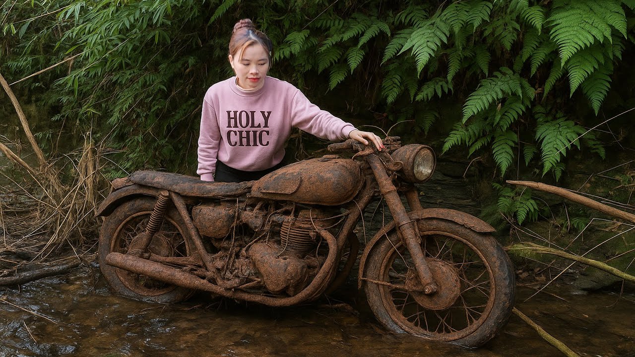 Girl repairs and restores large displacement motorbike submerged in water after 30 years