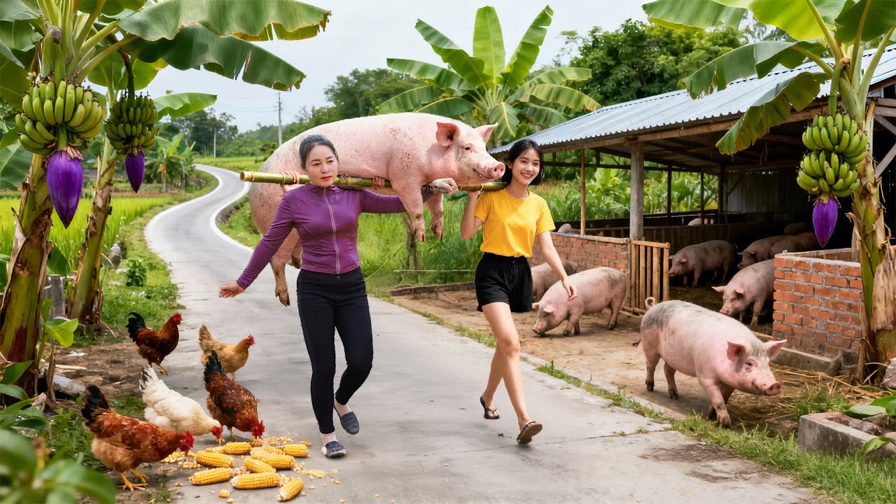 TIMELAPSE -- Harvesting 300Kg Giant Piglets, Go to Market Sell & Cooking Spicy Banana Soup