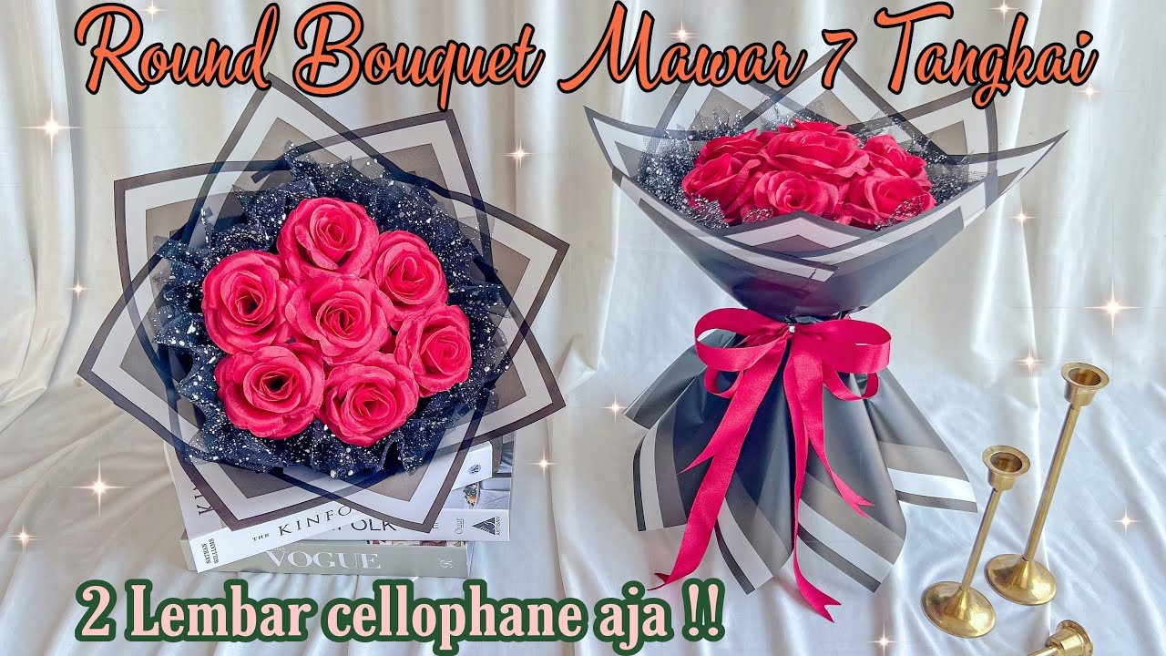 ROUND BOUQUET BUNGA MAWAR JUMBO 7 TANGKAI WRAPPING 2 LEMBAR CELLOPHANE