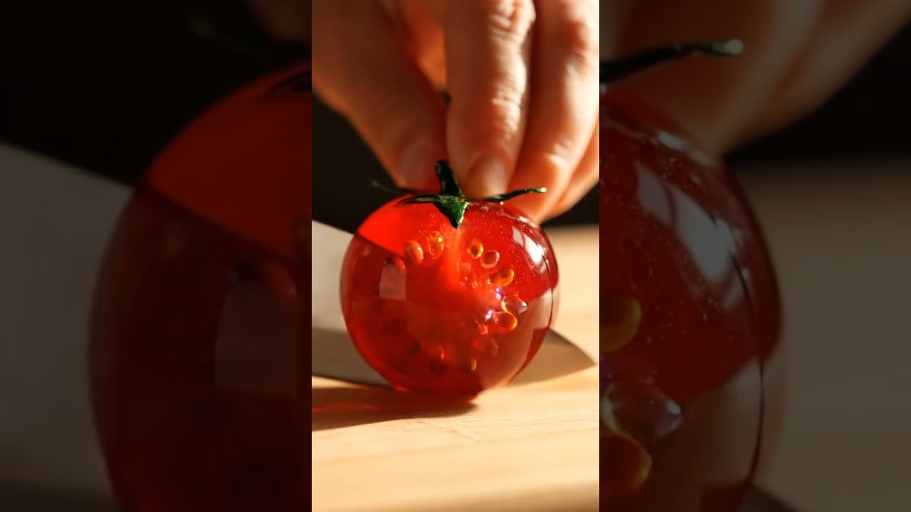 Slicing a Cherry Tomato Made of Sapphire Glass | Macro ASMR 