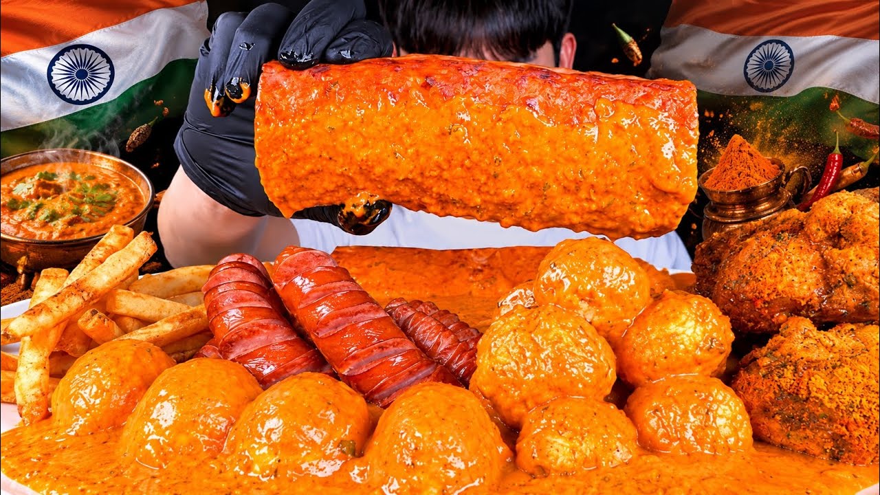 ASMR 인도식 카레먹방 튀긴소세지 카레치킨 반숙란 주먹밥 감자튀김 먹방~!! India Chicken Curry 🇮🇳 Sausage Egg Potato Rice MuKBang~!
