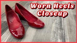 1 Minute Shoe And Tell - Red Wedge Heels, Patent Leather, Old Worn Used Shoes Closeup