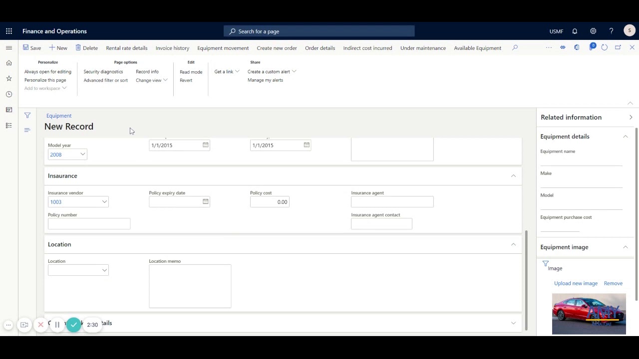 D365 Finance & Operations Equipment Rental Management basic Equipment