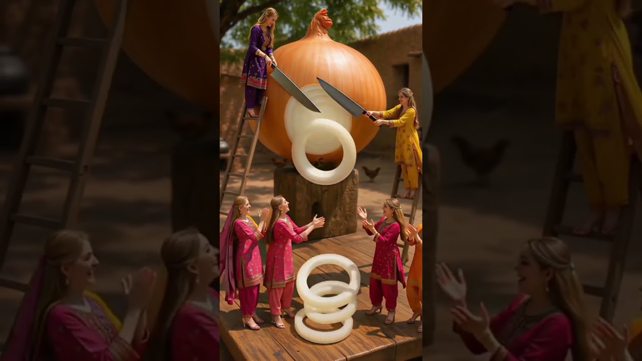 Making onions snacks with small tiny womens 