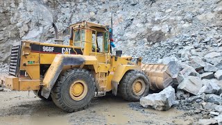 Big CAT 966F Loader Loading Huge Rocks on Giant Dumper Trucks | Heavy Equipment Power