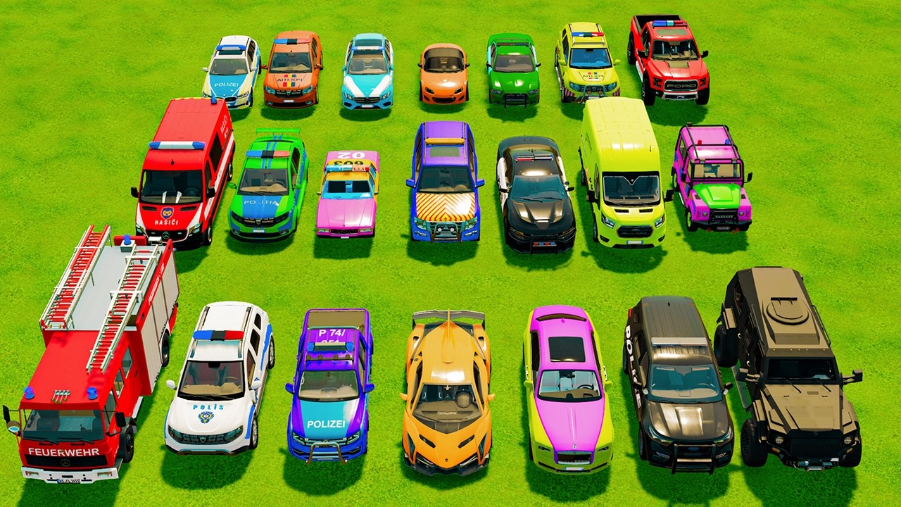 TRANSPORTING COLORFUL CARS, POLICE, AMBULANCE & FIRE TRUCK! | FS22