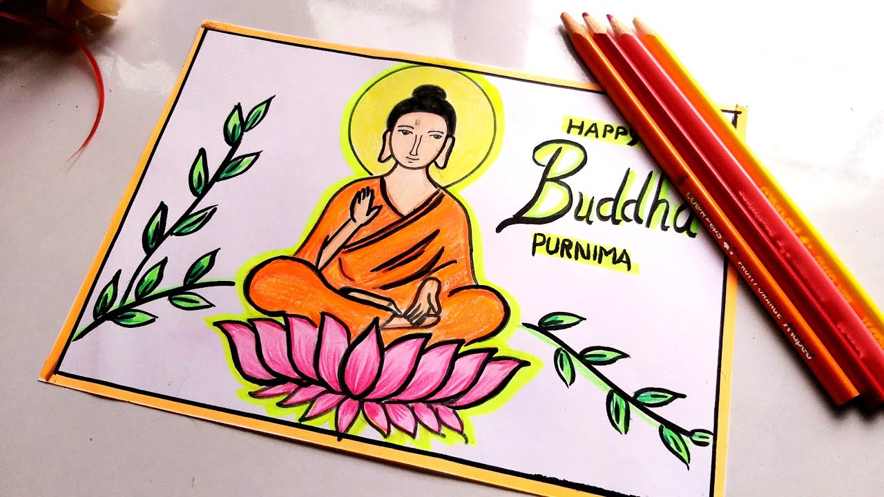 Buddha Drawing with Colour pencils/ Easy Simple Buddha Drawing step