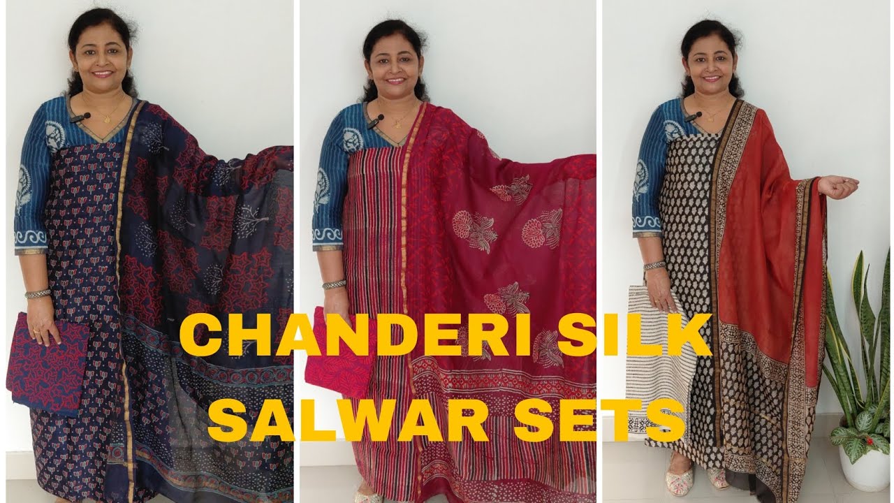 CHANDERI SILK SALWAR SETS (HANDBLOCKED) || FREE SHIPPING:+91 9061630106