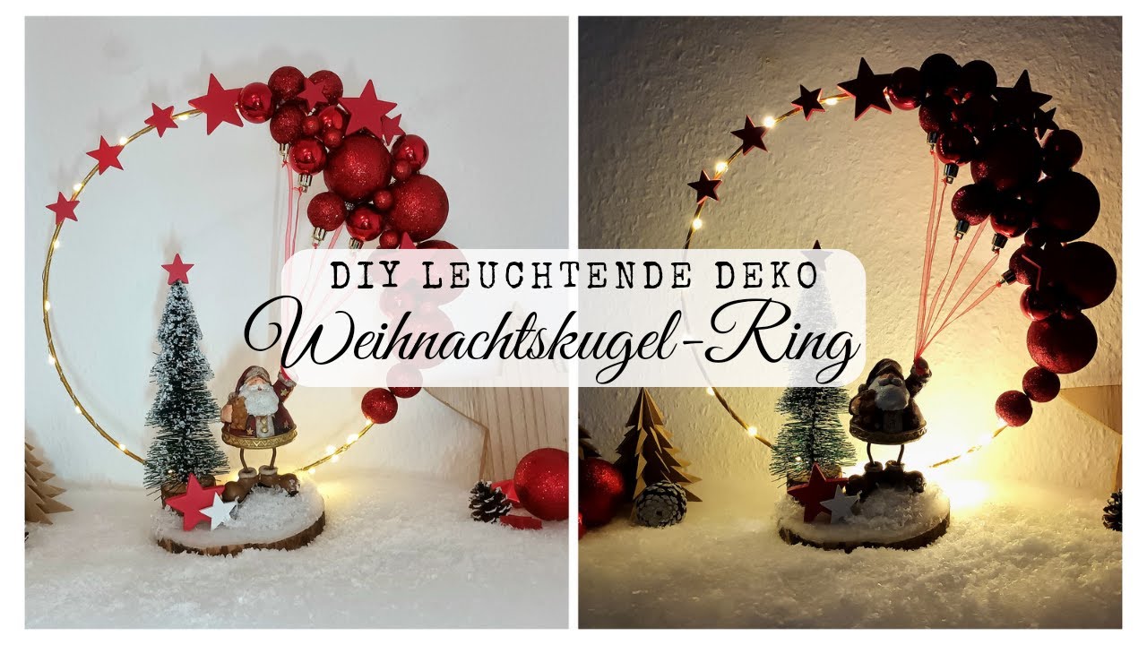 Leuchtende Weihnachts Deko basteln aus Baumscheibe, Metallring &  Weihnachtskugeln