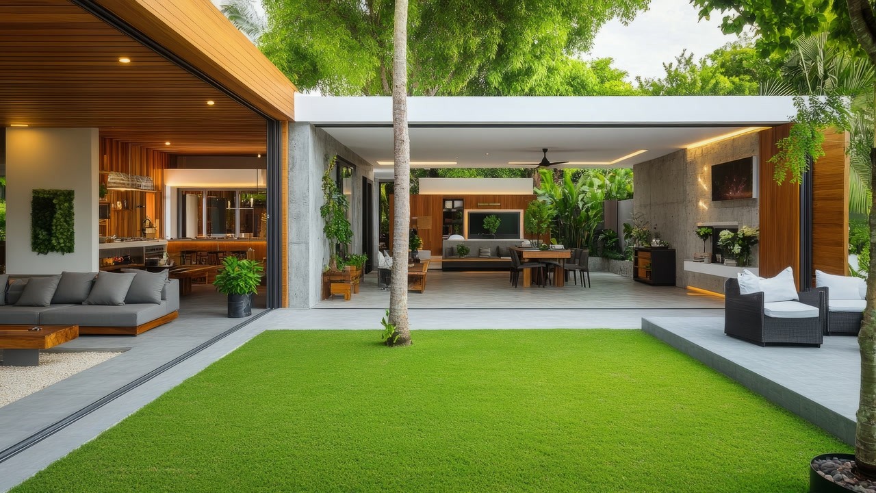 Классический одноэтажный дом L-образной формы из бетона и дерева с открытой планировкой внутренни...