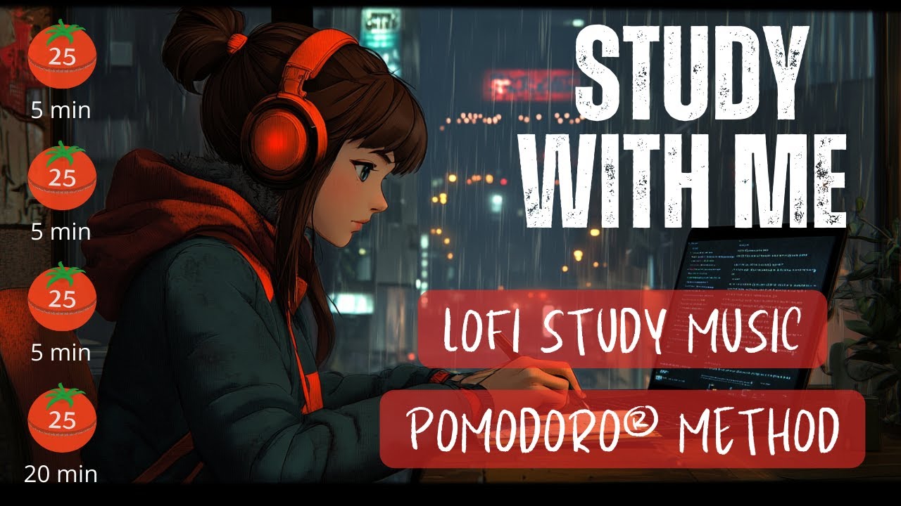 Study With Me 1 HOUR 🍅 Pomodoro Timer 🎵 Lofi Study Music ☂️ Rain Sounds ...
