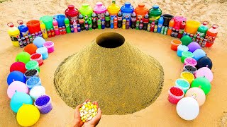 Big Underground Volcanic Eruption From Balloons Of Soda, Fanta, Mtn Dew, Coca Cola Vs Mentos