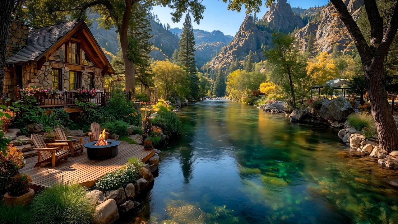 Spring Morning Riverside Cabin Ambience 🌸🔥 Cozy Fire, Calm Water ...