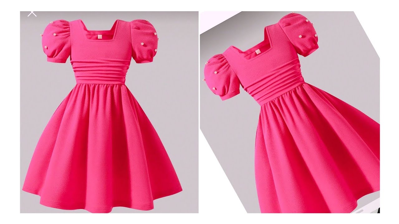 Cut and sew baby girl block neck gather gown with puff sleeve 