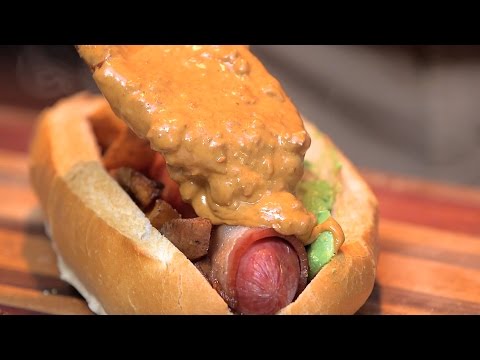 Bacon Chili Cheese Bubblegum BBQ Sauce Dog with French Fry Trick