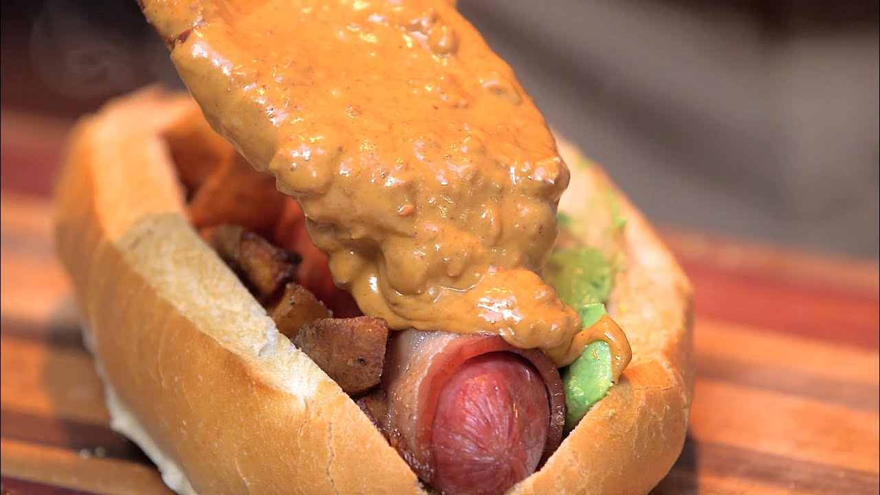 Bacon Chili Cheese Bubblegum BBQ Sauce Dog with French Fry Trick | Pro Home Cooks