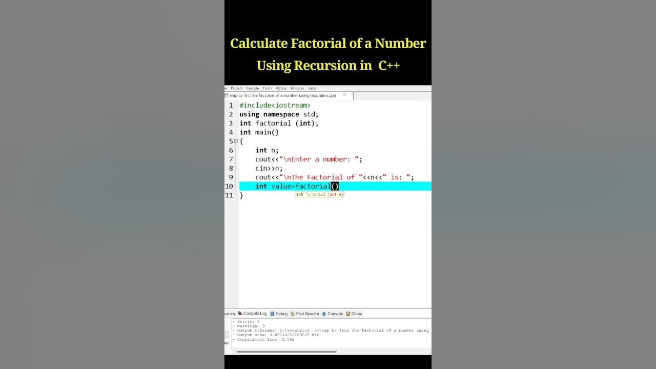 Calculate Factorial Of a Number using recursion in C++#shorts # ...