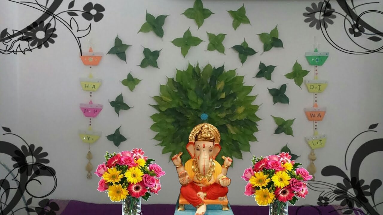 Ganesha decoration with leaves|Eco friendly ganpati decoration|Ganesh  background decoration for home - YouTube