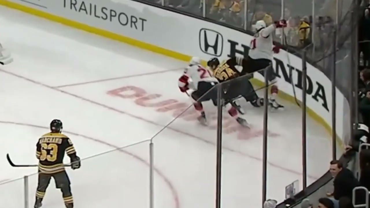 Siegenthaler and Debrusk exchange trips seconds before Marchand hit