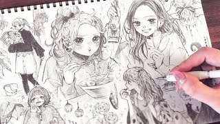 【アナログ】第2弾❤️おうちで過ごす女の子1ページいっぱいに描いてみた🏡✨Drawing girls spending time at home Part2【メイキング】