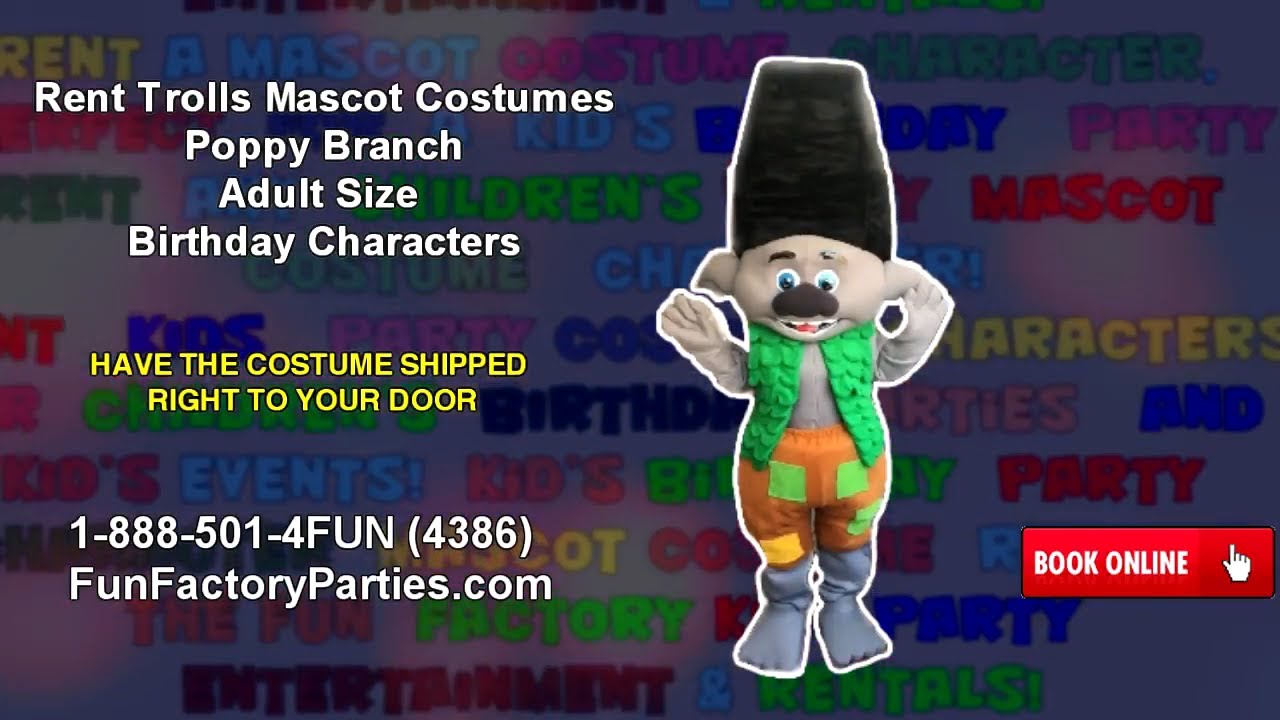 RENT TROLLS MASCOT COSTUMES POPPY BRANCH ADULT SIZE BIRTHDAY CHARACTERS