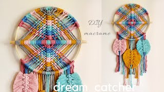 DIY Macramé DreamCatcher tutorial, circular macrame wall hanging with feathers - leaves, mandala