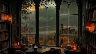 “The Library Above the Autumn Valley” — A Rainy Evening Overlooking the Old Castle | Dark academia