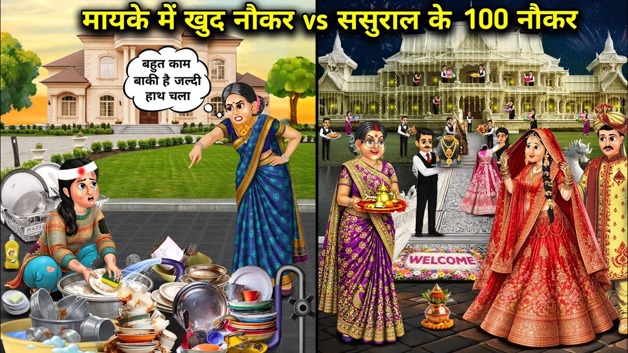 मायके में खुद नौकर vs ससुराल के 100 नौकर||Hindi Cartoon Stories||Own servant at the parental home vs