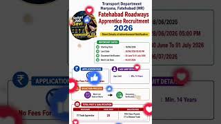 Haryana Fatehabad Roadways Apprentice Recruitment 2026 | Apply Online | No Fees |