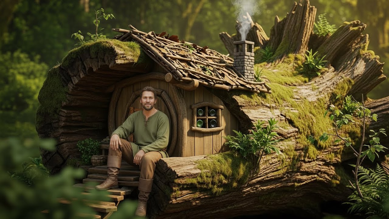 Building a Cabin Inside a Fallen Tree | A Unique Shelter in the Forest