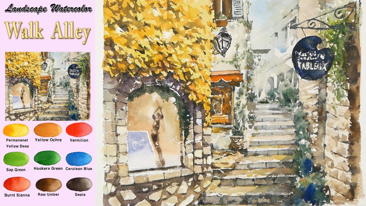 Пейзажная акварель - Прогулка по переулку (Arches rough, wet-in-wet) NAMIL ART
