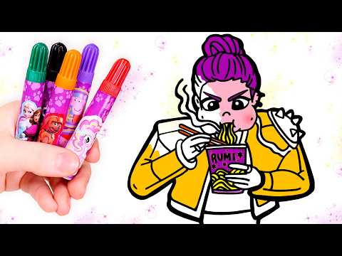 Draw and color Rumi eating her favorite ramen 🍜💜 K-pop coloring pages