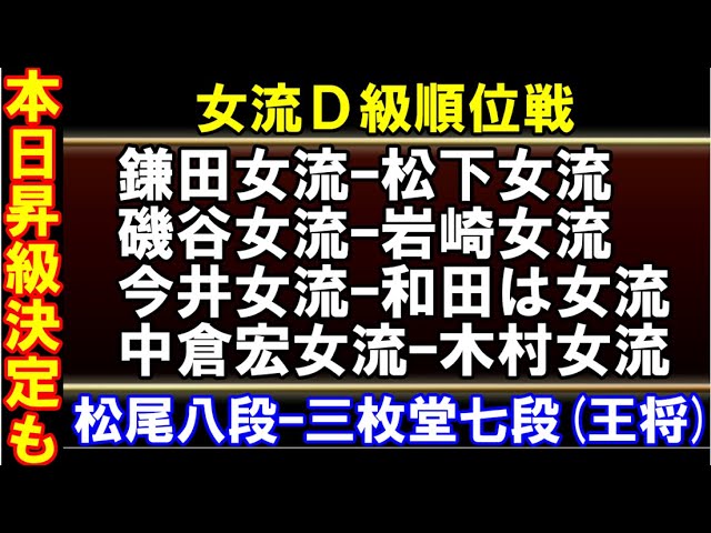 【評価値放送】(王将一次)三枚堂七段ｰ松尾八段、(D級)鎌田女流ｰ松下女流、今井女流ｰ和田女流、ほか