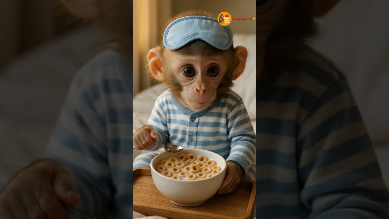 🥣🐒Monkey Bubu Eating Cereal in Striped Pajamas and Laughing | Funny Monkey Video & Cute Animal Short