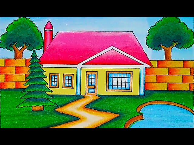 River side village house scenery drawing @EasyDrawing24 - YouTube