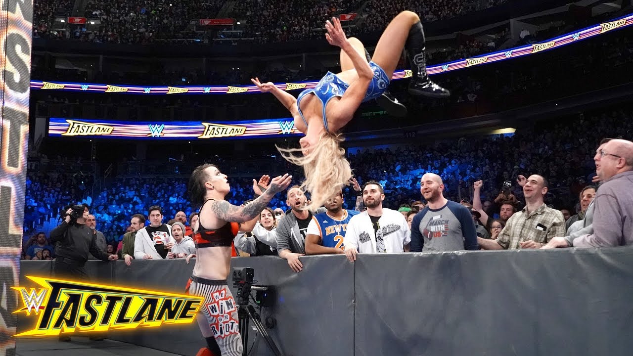 Charlotte Flair hits a vicious moonsault on Ruby Riott from atop the barrier: WWE Fastlane 2018