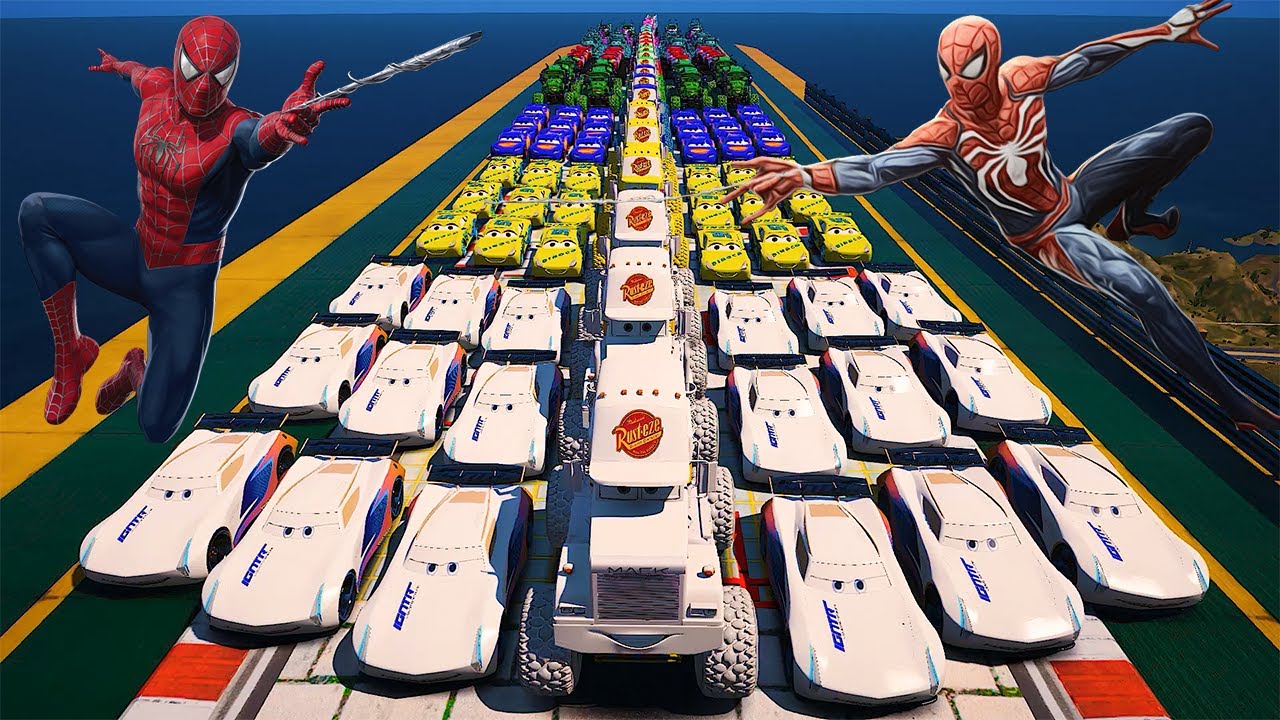 GTA 5 SPIDERMAN Cars Challenge Lightning & Monster McQueen Jackson Storm Miss Fritter & Friends Cars