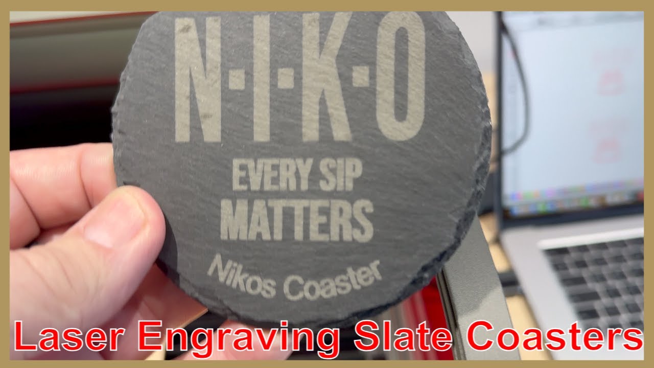 Laser Engraving Wood and Slate Coasters for Nikos Wine Bar with