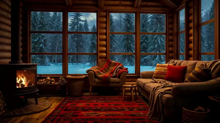 Snow Storm and Breathtaking View from the Bed in a Cozy Cabin, Crackling Fire & Wind Sound - Winter