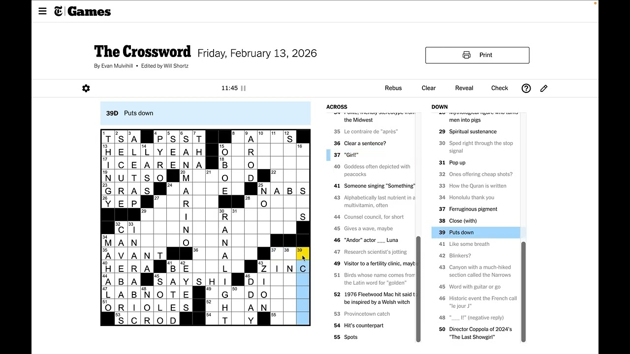 New York Times Crossword Solve - Friday Feb 13 2026