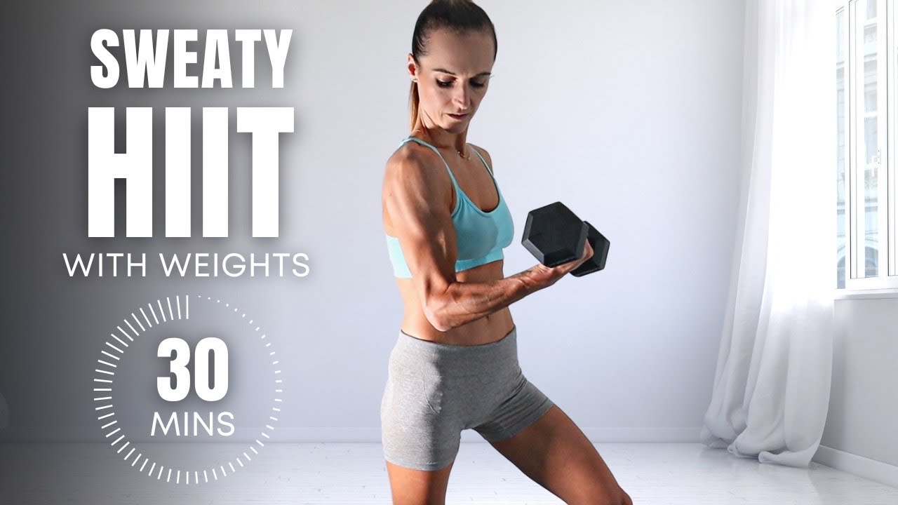 30 Min SWEATY HIIT WITH WEIGHTS | No Repeat Full body - YouTube